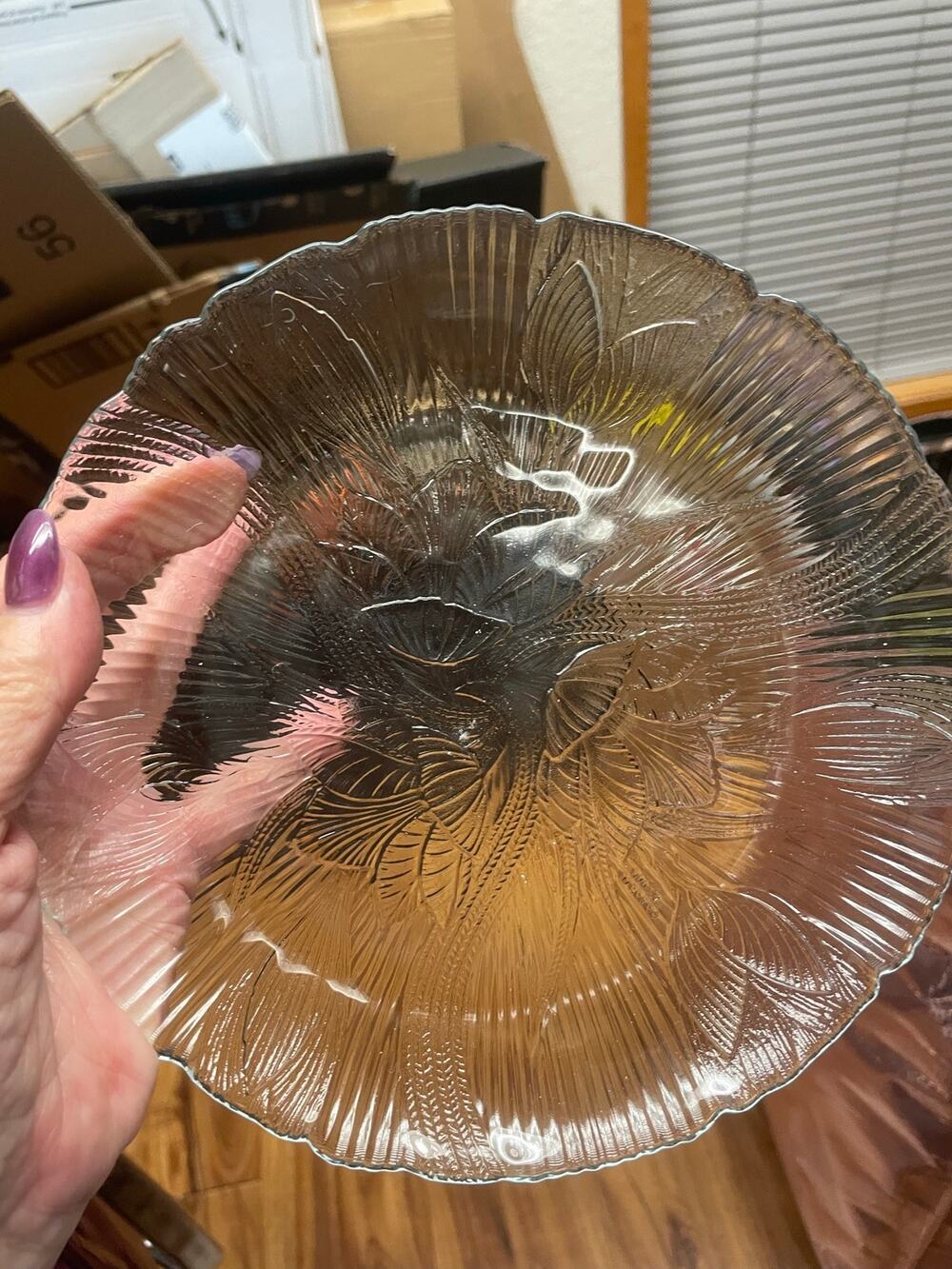 Set of 6 Vintage Clear Floral Pressed Glass Dinner Plates Iris Herringbone MCM